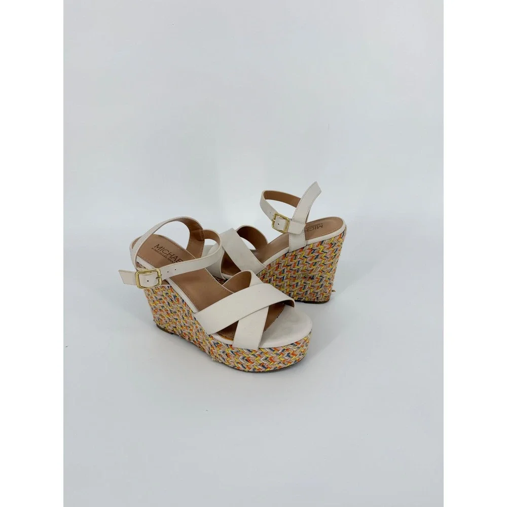Michael by Michael Shannon Cream Multi Color Woven Platform Wedge Sandals